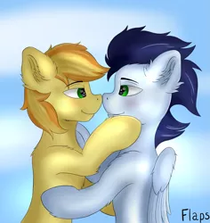 Size: 2199x2334 | Tagged: safe, artist:flapstune, derpibooru import, braeburn, soarin', earth pony, pegasus, pony, duo, duo male, ear fluff, fluffy, gay, green eyes, hug, image, looking at each other, male, png, shipping, signature, sky, smiling, soarburn, stallion, teeth, wings