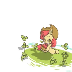 Size: 1024x1024 | Tagged: safe, artist:uneet, derpibooru import, apple bloom, pony, clover, female, filly, grin, hat, image, png, smiling, solo