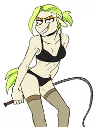 Size: 1257x1662 | Tagged: suggestive, artist:redxbacon, derpibooru import, oc, oc:golden keylime, anthro, earth pony, bra, clothes, explicit source, female, image, jpeg, panties, simple background, solo, solo female, underwear, whip, white background