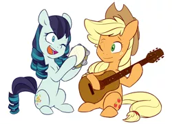Size: 1280x925 | Tagged: safe, artist:chub-wub, derpibooru import, applejack, coloratura, earth pony, pony, acoustic guitar, applejack's hat, blushing, cowboy hat, cute, female, freckles, guitar, hat, image, jackabetes, jpeg, lesbian, looking at each other, mare, music, musical instrument, one eye closed, open mouth, rarabetes, rarajack, shipping, simple background, sitting, tambourine, white background, wink