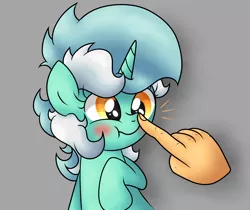 Size: 2406x2024 | Tagged: safe, artist:background basset, derpibooru import, lyra heartstrings, pony, unicorn, blushing, boop, bust, gray background, hand, image, png, simple background, solo