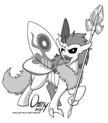 Size: 1000x1129 | Tagged: safe, artist:omny87, derpibooru import, oc, oc:dust, unofficial characters only, changeling, insect, moth, mothling, original species, glaive, image, monochrome, png, polearm, species swap, tongue out, weapon