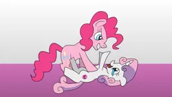 Size: 1280x720 | Tagged: safe, artist:platinumdrop, derpibooru import, pinkie pie, sweetie belle, earth pony, pony, unicorn, belly tickling, crying, duo, duo female, female, image, jpeg, laughing, open mouth, request, simple background, smiling, tears of laughter, teary eyes, tickling
