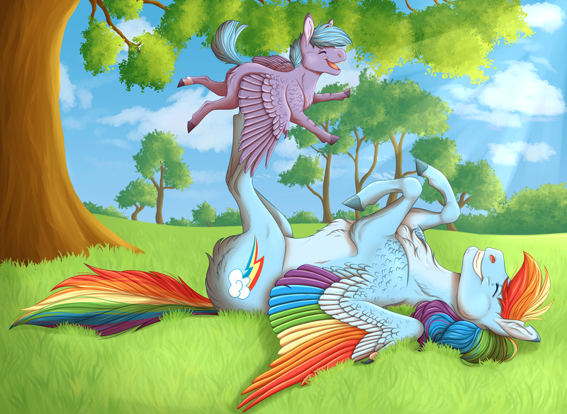 Size: 6824x4982 | Tagged: safe, artist:bluet0ast, derpibooru import, rainbow dash, oc, pegasus, pony, cloud, duo, female, image, mare, outdoors, parent:rainbow dash, pegasus oc, png, tree, wings