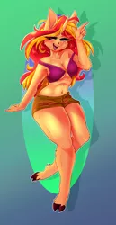 Size: 2120x4096 | Tagged: safe, artist:unfinishedheckery, derpibooru import, sunset shimmer, anthro, unguligrade anthro, unicorn, bedroom eyes, belly button, blushing, breasts, busty sunset shimmer, clothes, denim shorts, digital art, eyebrows visible through hair, female, horn, image, jpeg, long mane, open mouth, shorts, simple background, solo, solo female, tanktop, teal eyes, thighs, tomboy, two toned mane, wide hips, yellow fur