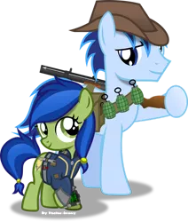 Size: 1024x1205 | Tagged: safe, artist:vector-brony, derpibooru import, oc, oc:p-21, oc:scotch tape, unofficial characters only, fallout equestria, fallout equestria: project horizons, fanfic art, grenade, gun, image, pipbuck, png, simple background, transparent background, weapon