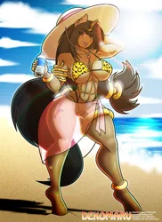 Size: 1332x1828 | Tagged: suggestive, artist:dekomaru, derpibooru import, oc, oc:sahara, anthro, unguligrade anthro, unicorn, abs, anthro oc, beach, big breasts, bikini, breasts, clothes, digital art, explicit source, female, hat, horn, image, png, solo, solo female, sun hat, swimsuit, unicorn oc