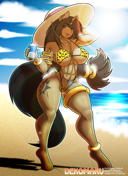 Size: 1332x1828 | Tagged: suggestive, alternate version, artist:dekomaru, derpibooru import, oc, oc:sahara, anthro, unguligrade anthro, unicorn, abs, anthro oc, beach, big breasts, bikini, breasts, clothes, digital art, explicit source, female, hat, horn, image, png, solo, solo female, sun hat, swimsuit, unicorn oc