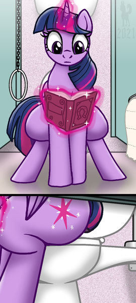 Size: 647x1440 | Tagged: questionable, artist:mrchaosthecunningwlf, artist:ponyvillechaos577, derpibooru import, twilight sparkle, twilight sparkle (alicorn), alicorn, pony, aura, bathroom, bathroom stall, bathroom use, but why, butt, female, feral, image, levitation, magic, magic aura, mare, png, reading, restroom, sitting, sitting on toilet, solo, solo female, telekinesis, toilet, twibutt