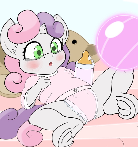 Size: 2129x2274 | Tagged: suggestive, artist:stardust-pony, derpibooru import, sweetie belle, anthro, unguligrade anthro, baby, baby sweetie belle, diaper, explicit source, female, image, jpeg