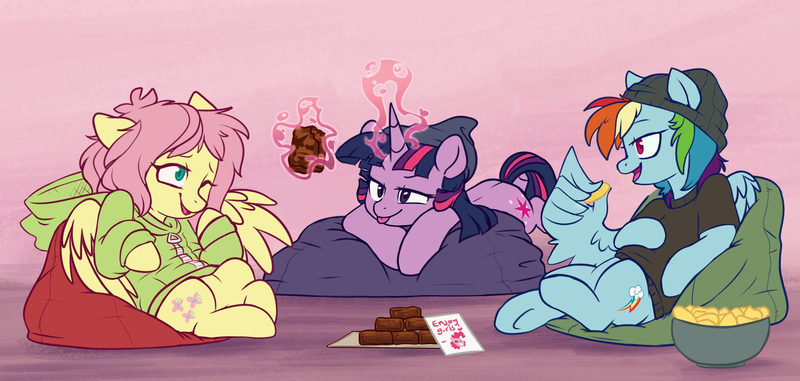 Size: 2048x975 | Tagged: safe, alternate version, artist:chub-wub, edit, editor:edits of hate, editor:unofficial edits thread, fluttershy, pinkie pie, rainbow dash, twilight sparkle, pegasus, pony, unicorn, alternate edit, beanbag chair, beanie, brownies, chips, clothes, ears, facial reconstruction, female, floppy ears, food, glowing horn, gradient background, hat, horn, image, levitation, lidded eyes, magic, mare, one eye closed, pink background, png, prone, simple background, sitting, smiling, telekinesis, trio, underhoof, unicorn twilight, wing hands, wingless, wingless edit, wings