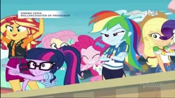 Size: 1080x607 | Tagged: safe, derpibooru import, screencap, applejack, fluttershy, pinkie pie, rainbow dash, rarity, sci-twi, sunset shimmer, twilight sparkle, equestria girls, equestria girls series, rollercoaster of friendship, applejack's hat, belt, bowtie, bracelet, clothes, cowboy hat, crossed arms, cutie mark, cutie mark on clothes, denim skirt, eyes closed, female, geode of empathy, geode of sugar bombs, geode of super speed, hairpin, hat, hoodie, humane five, humane seven, humane six, image, indonesia, jacket, jewelry, jpeg, leather, leather jacket, magical geodes, necklace, offscreen character, open mouth, photo booth (song), ponytail, rajawali televisi, rtv, skirt, smiling, smirk, tanktop, wrong aspect ratio