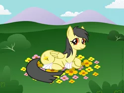 Size: 1024x768 | Tagged: safe, artist:aha-mccoy, derpibooru import, oc, oc:banana scent, unofficial characters only, earth pony, pegasus, pony, crossed hooves, female, flower, image, looking at you, lying down, mare, png, prone, solo
