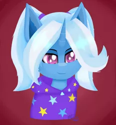 Size: 2414x2589 | Tagged: safe, artist:graphictoxin, derpibooru import, sweetie belle, trixie, pony, unicorn, alternate hairstyle, babysitter trixie, bust, cheek fluff, clothes, cute, female, fluffy, hoodie, image, lineless, mare, png, portrait, red background, simple background, smiling, solo, stars