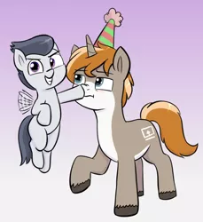 Size: 1980x2164 | Tagged: safe, artist:heretichesh, derpibooru import, rumble, oc, oc:itu, pegasus, pony, unicorn, birthday, blank flank, boop, colt, duo, flying, frown, gradient background, hat, image, jpeg, looking at you, male, nose wrinkle, pale belly, party hat, smiling, smiling at you, stallion, unamused, unshorn fetlocks