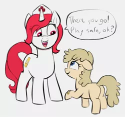 Size: 1896x1768 | Tagged: safe, artist:heretichesh, derpibooru import, oc, unofficial characters only, earth pony, pony, unicorn, bandaid, blank flank, butt, dialogue, duo, eye clipping through hair, female, filly, floppy ears, hat, image, jpeg, mare, nurse, nurse hat, plot, simple background, speech bubble, white background