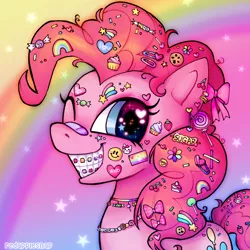 Size: 1000x1000 | Tagged: safe, artist:redapplesnap, derpibooru import, pinkie pie, earth pony, pony, bandaid, braces, image, jewelry, looking at you, necklace, one eye closed, png, smiling, smiling at you, solo, sticker, wink