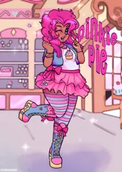 Size: 1000x1402 | Tagged: safe, artist:redapplesnap, derpibooru import, pinkie pie, human, boots, clothes, female, humanized, image, moderate dark skin, one eye closed, platform boots, png, shoes, socks, solo, standing, standing on one leg, striped socks, sugarcube corner, thighs, thunder thighs, wink