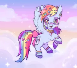 Size: 1280x1127 | Tagged: safe, artist:redapplesnap, derpibooru import, rainbow dash, pegasus, pony, bandaid, bow, element of loyalty, female, flying, image, jpeg, looking at you, mare, solo, sticker, tail bow, unshorn fetlocks