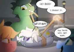 Size: 2048x1446 | Tagged: safe, artist:mochi_nation, derpibooru import, oc, oc:silver bolt, unnamed oc, unofficial characters only, earth pony, pony, bondage, female, hogtied, image, jpeg, male, mare, mouth hold, rope, speech bubble, stallion, tied up
