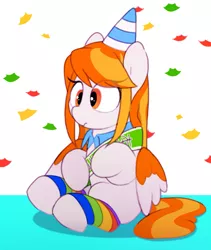 Size: 1457x1729 | Tagged: safe, artist:mochi_nation, derpibooru import, oc, oc:poneco, unofficial characters only, pegasus, pony, confetti, female, hat, image, jpeg, mare, party hat, sitting, solo