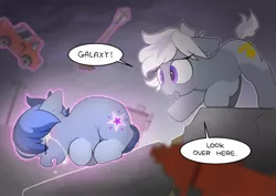 Size: 2048x1446 | Tagged: safe, alternate version, artist:mochi_nation, derpibooru import, oc, oc:galaxy, oc:silver bolt, unofficial characters only, earth pony, pony, crying, dialogue, duo, female, image, jpeg, levitation, magic, mare, speech bubble, super powers, telekinesis