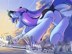 Size: 2400x1800 | Tagged: suggestive, artist:ravistdash, derpibooru import, oc, unofficial characters only, pony, artillery, building, butt, city, commission, dawn, destroyer, dock, flying, glare, image, macro, missile, plane, plot, png, rampage, stomp, sydney, underhoof