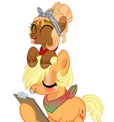 Size: 1280x1374 | Tagged: safe, artist:venomous-cookietwt, derpibooru import, applejack, oc, oc:honey jack, pony, clipboard, female, filly, image, magical lesbian spawn, offspring, parent:applejack, parent:fluttershy, parents:appleshy, png, simple background, transparent background