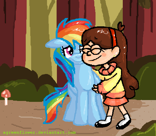 Size: 521x454 | Tagged: safe, artist:agreenflower, derpibooru import, rainbow dash, human, pony, friendshipping, gravity falls, image, mabel pines, png