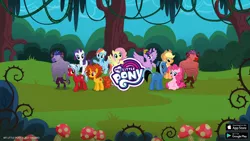 Size: 2560x1440 | Tagged: safe, derpibooru import, idw, official, applejack, decepticolt, fluttershy, goldcap, pinkie pie, rainbow dash, rarity, twilight sparkle, twilight sparkle (alicorn), unnamed character, zappityhoof, alicorn, earth pony, minotaur, pegasus, pony, unicorn, female, forest, gameloft, image, male, mane six, mare, my little pony logo, png, tree, video game, youtube banner