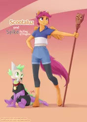 Size: 1754x2480 | Tagged: safe, artist:pwnagespartan, derpibooru import, scootaloo, spike, anthro, dragon, pegasus, pony, unguligrade anthro, clothes, cosplay, costume, image, king (the owl house), luz noceda, png, shorts, staff, the owl house, tights, wings