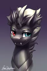 Size: 2000x3000 | Tagged: safe, artist:jedayskayvoker, derpibooru import, oc, unnamed oc, changeling, bust, changeling oc, fangs, gradient background, heterochromia, icon, image, patreon, patreon reward, png, portrait, smiling