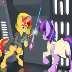 Size: 1280x1280 | Tagged: safe, artist:joaothejohn, derpibooru import, sunset shimmer, twilight sparkle, unicorn, crossover, galactic empire, image, jedi, jpeg, lightsaber, sith, star wars, sword, weapon