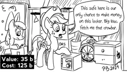 Size: 1200x675 | Tagged: safe, artist:pony-berserker, derpibooru import, apple bloom, applejack, book, image, mattress, mirror, png, pony-berserker's twitter sketches, storage, storage wars, wardrobe, wheel