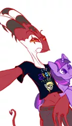 Size: 2499x4356 | Tagged: safe, artist:mixdaponies, derpibooru import, derpy hooves, twilight sparkle, demon, blitzo, clothes, helluva boss, image, jpeg, plushie, selfie, shirt, t-shirt, twilight plushie