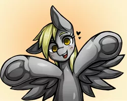 Size: 2205x1764 | Tagged: safe, artist:kyouman1010, derpibooru import, derpy hooves, pegasus, pony, blushing, female, floating heart, frog (hoof), heart, image, jpeg, looking at you, mare, open mouth, open smile, outstretched arms, smiling, solo, spread wings, underhoof, wings