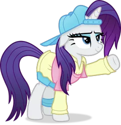 Size: 3571x3677 | Tagged: safe, artist:anime-equestria, derpibooru import, rarity, pony, unicorn, friendship university, alternate hairstyle, backwards ballcap, baseball cap, cap, clothes, disguise, eyeshadow, female, hat, horn, image, makeup, mare, plainity, png, shirt, simple background, smiling, solo, sweater, transparent background, vector