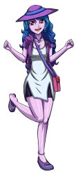 Size: 1352x3000 | Tagged: safe, artist:artemis-polara, derpibooru import, izzy moonbow, equestria girls, spoiler:g5, ankle bracelet, bag, barefoot, bracelet, clothes, dress, equestria girls-ified, feet, female, g5, g5 to equestria girls, hat, image, jewelry, legs, necklace, open mouth, png, shoe dangling, shoes, simple background, smiling, solo, solo female, toes, transparent background, vest