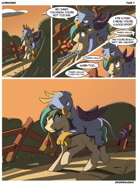 Size: 1800x2400 | Tagged: safe, artist:kam, ponybooru import, gallus, sandbar, earth pony, gryphon, pony, comic:workhorse, apple, comic, dialogue, food, gallbar, gay, image, jpeg, male, riding a pony, shipping, text