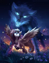 Size: 2500x3216 | Tagged: safe, artist:mithriss, derpibooru import, oc, oc:ondrea, oc:ria'kho, pegasus, pony, wolf, background, bonepone, braid, braided tail, face paint, flower, flying, freckles, glowing eyes, image, leaping, long hair, meadow, natural, png, skull, solo, spirit, sunset, tall, thick, unshorn fetlocks