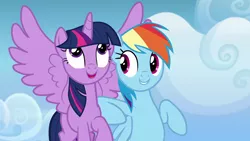 Size: 1280x720 | Tagged: safe, derpibooru import, screencap, rainbow dash, twilight sparkle, twilight sparkle (alicorn), alicorn, pegasus, pony, top bolt, cloud, cropped, cute, dashabetes, duo, flying, image, nudging, png, smiling, twiabetes