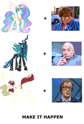 Size: 1432x2113 | Tagged: austin powers, derpibooru import, dr. evil, exploitable meme, glasses, human, irl, irl human, make it happen, meme, nigel powers, oc, oc:fausticorn, pencil, photo, princess celestia, queen chrysalis, safe, scroll