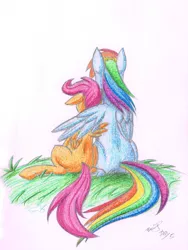 Size: 1000x1331 | Tagged: safe, artist:benjik, derpibooru import, rainbow dash, scootaloo, hug, scootalove, traditional art, winghug