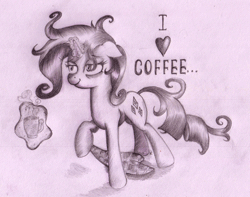 Size: 500x394 | Tagged: safe, artist:inky-draws, derpibooru import, rarity, animated, bed mane, coffee, heart, solo