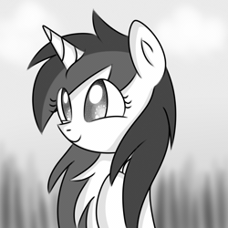 Size: 1000x1000 | Tagged: source needed, safe, artist:mayleebell24, derpibooru import, edit, oc, unofficial characters only, pony, unicorn, animated, chest fluff, cute, grayscale, monochrome, pet peeve, smiling, solo