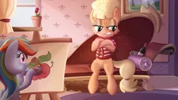 Size: 7394x4159 | Tagged: safe, artist:discorded, derpibooru import, applejack, rainbow dash, absurd resolution, alternate hairstyle, angry, applejack is not amused, blushing, clothes, couch, draw me like one of your french girls, drawing, easel, fainting couch, laughing, painting, pencil, rose, scrunchy face, wine