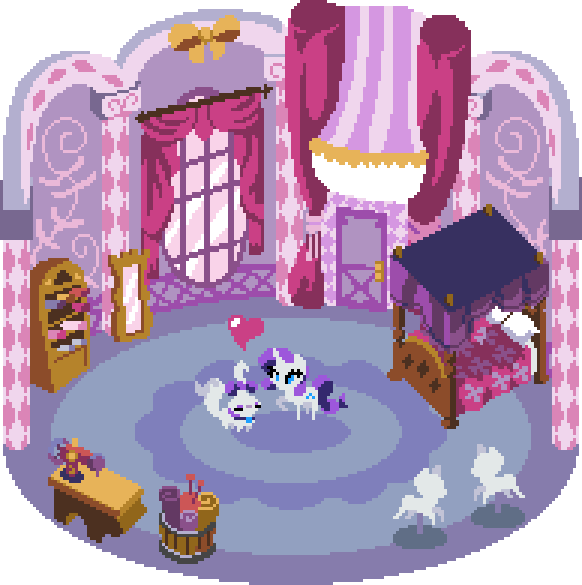 Size: 582x585 | Tagged: 8-bit, artist:pix3m, bed, bedroom, bucket, carousel boutique, curtains, derpibooru import, door, drapes, heart, interior, mannequin, mirror, opalescence, pixel art, rarity, safe, shelf, table, window