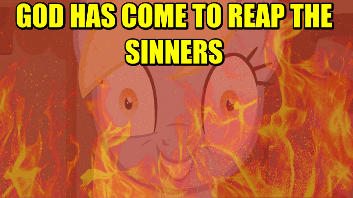 Size: 720x405 | Tagged: safe, derpibooru import, derpy hooves, pegasus, pony, epic rage time, female, final hallway xiii, fire, god has come to reap the sinners, image macro, insanity, jontron, mare, meme