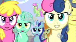 Size: 840x470 | Tagged: bon bon, carrot top, cherry berry, comet tail, derpibooru import, edit, edited screencap, evil grin, golden harvest, inverted mouth, lyra heartstrings, merry may, minuette, neon lights, rising star, safe, screencap, sweetie drops, the super speedy cider squeezy 6000