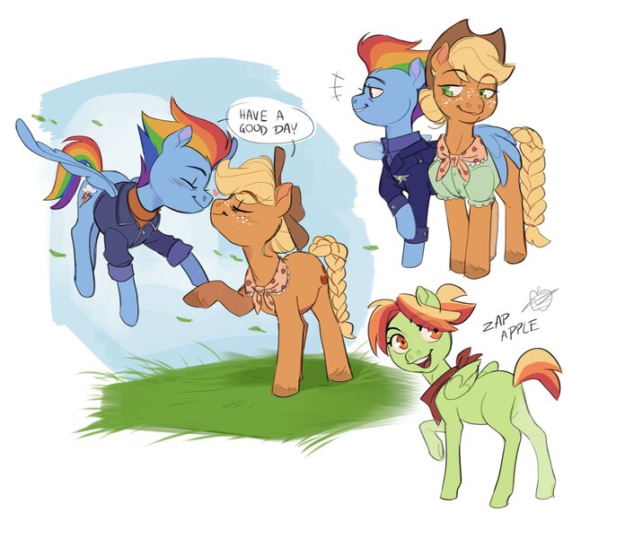 Size: 4096x3482 | Tagged: safe, artist:cass_a_rollie, derpibooru import, applejack, rainbow dash, oc, oc:zap apple, earth pony, pegasus, pony, the last problem, alternate clothes, appledash, badge, bandana, blank flank, blouse, blushing, boop, braided tail, clothes, cloud, dialogue, digital art, eye clipping through hair, eyebrows, eyebrows visible through hair, eyes closed, falling leaves, female, filly, floating, flying, foal, folded wings, freckles, granny smith's shawl, grass, hair bun, hat, heart, high res, hoof touching, hug, image, jacket, jpeg, leaves, lesbian, looking back, magical lesbian spawn, mare, midair, multicolored mane, multicolored tail, offspring, older, older applejack, older rainbow dash, open mouth, open smile, parent:applejack, parent:rainbow dash, parents:appledash, pegasus oc, ponytail, raised hoof, shipping, shirt, short hair, side by side, simple background, sky, smiling, spread wings, standing, sweater, touching hooves, trio, trio female, turtleneck, unshorn fetlocks, vignette, wall of tags, white background, winghug, wings